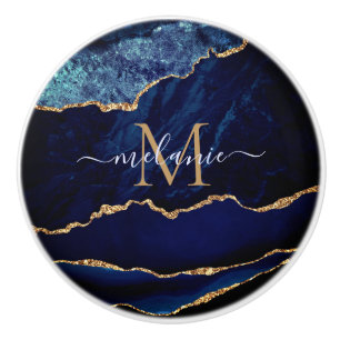 Agate Navy Blue Gold Edelstein Marmormonogramm Keramikknauf