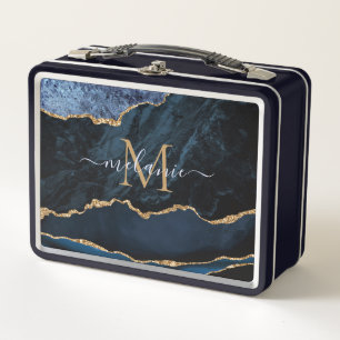 Agate Navy Blue Gold Edelstein Marmormonogramm Metall Brotdose