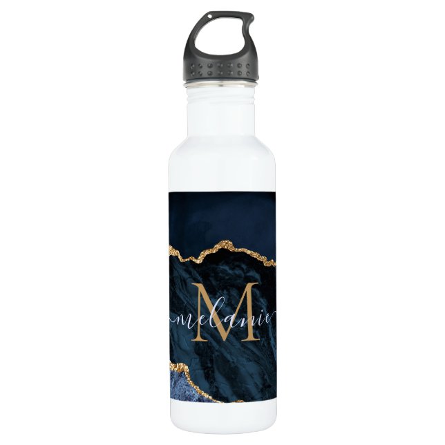 Agate Navy Blue Gold Gemstone Marmormonogramm Name Edelstahlflasche (Vorderseite)
