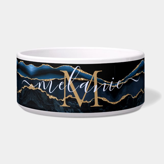 Agate Navy Blue Gold Gemstone Marmormonogramm Name Napf (Vorderseite)