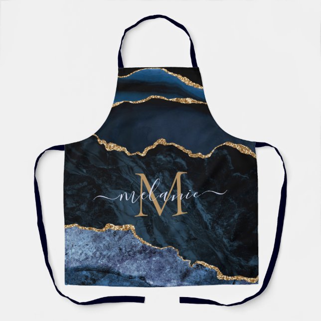 Agate Navy Blue Gold Gemstone Marmormonogramm Name Schürze (Vorderseite)