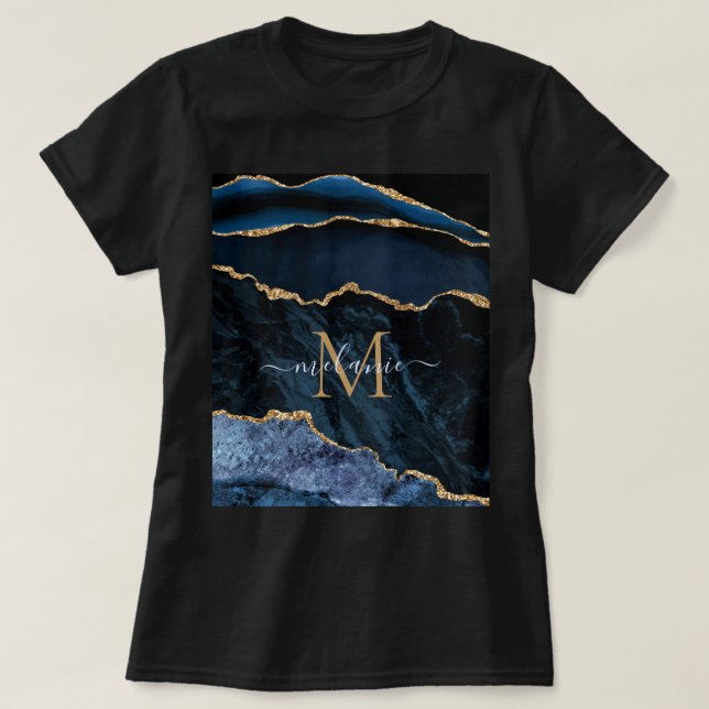 Agate Navy Blue Gold Gemstone T - Shirt - Monogram (Design vorne)