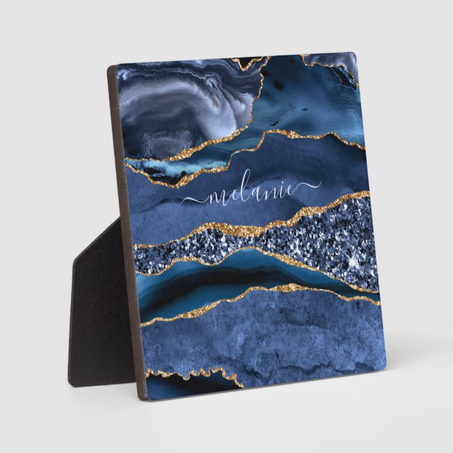 Agate Navy Blue Gold Glitzer Gemstone Individuelle Fotoplatte (Vorderseite)