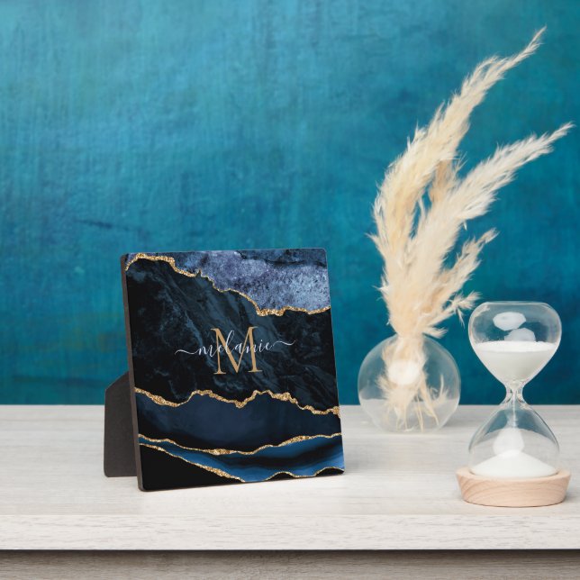 Agate Navy Blue Gold Glitzer Geode Monogram Plaque Fotoplatte (InSitu)