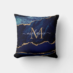 Agate Navy Blue Gold Glitzer Marmor mit Name Kissen