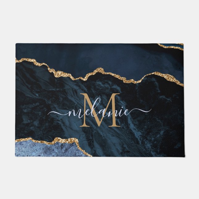 Agate Navy Blue Gold Glitzer Name Monogram Doormat Fußmatte (Vorderseite)