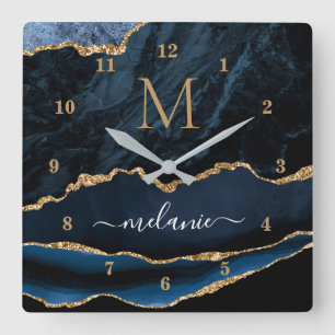 Agate Navy Blue Gold Marmor Benutzerdefiniert Ihre Quadratische Wanduhr