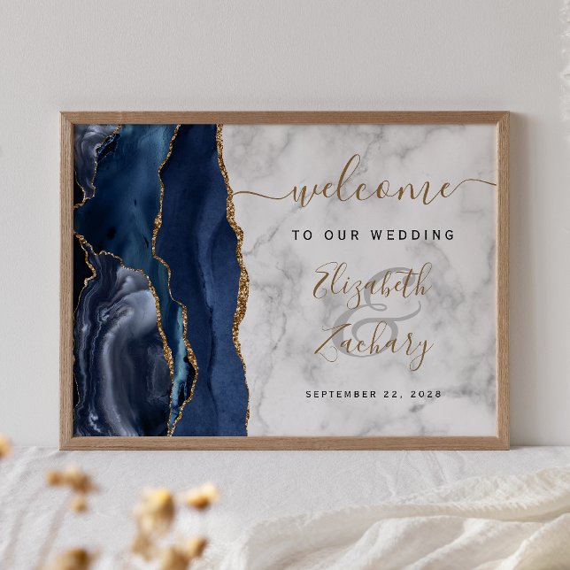 Agate Navy Blue Gold Marmor Hochzeit Begrüßung Poster (Von Creator hochgeladen)