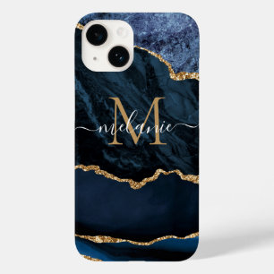 Agate Navy Blue Gold Marmor Ihr Name Letter Gesche Case-Mate iPhone 14 Hülle