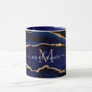 Agate Navy Blue Gold Marmor Ihr Name Letter Tasse