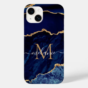 Agate Navy Blue Gold Marmor Ihr Name und Ihr Brief Case-Mate iPhone 14 Hülle