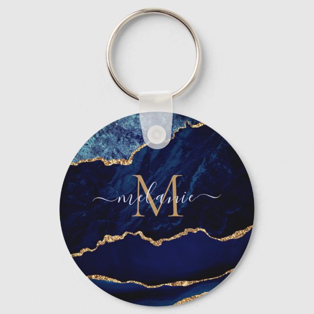 Agate Navy Blue Gold Marmor Monogram Name Schlüsse Schlüsselanhänger (Vorderseite)