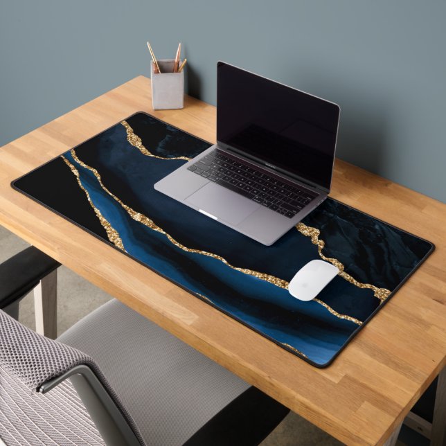 Agate Navy Blue Gold Marmor Schreibtischunterlage (Büro 2)