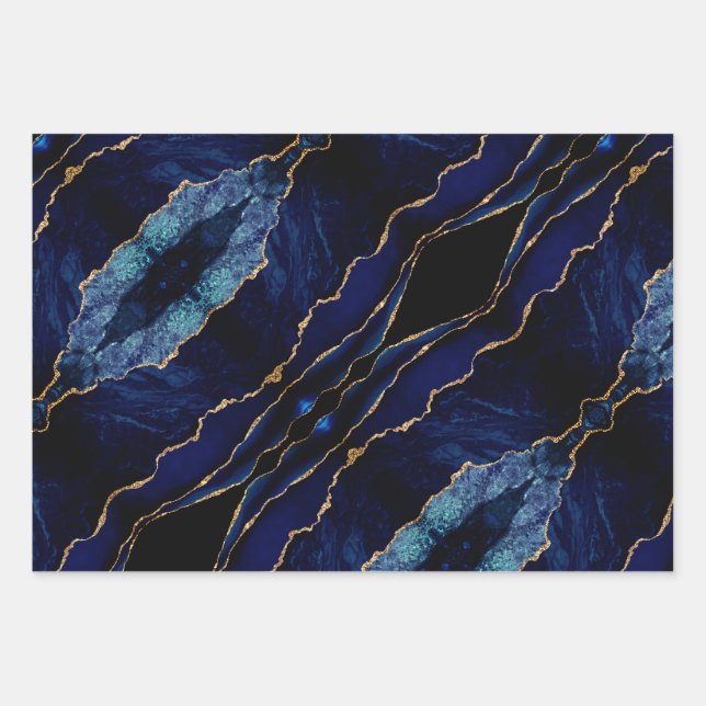 Agate Navy Blue Gold Marmor Wrapping Paper Sheets Geschenkpapier Set (Vorderseite 3)