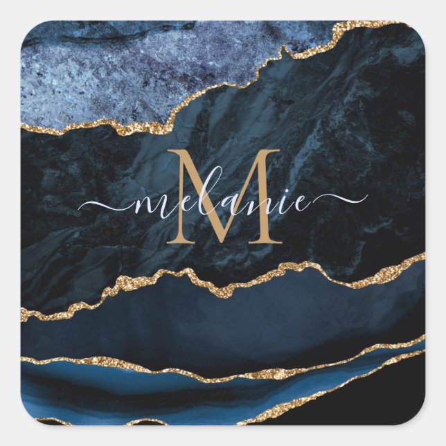 Agate Navy Blue Gold Nom personnalisé Sticker (Devant)