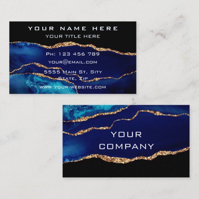 Agate Navy Blue Gold und Black Business Card Visitenkarte (Vorne/Hinten)