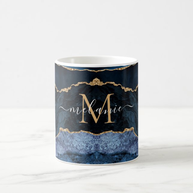 Agate Navy Blue Gold Votre nom Lettre Mug Cadeau (Centre)