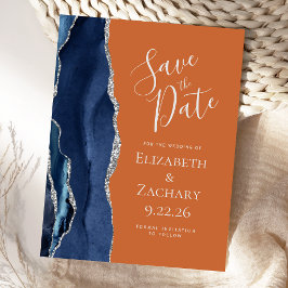 Agate Navy Blue Silver Burnt Orange Save the Date Ankündigungspostkarte