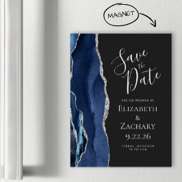 Agate Navy Blue Silver Dark Magnetic Save the Date Magnetkarte