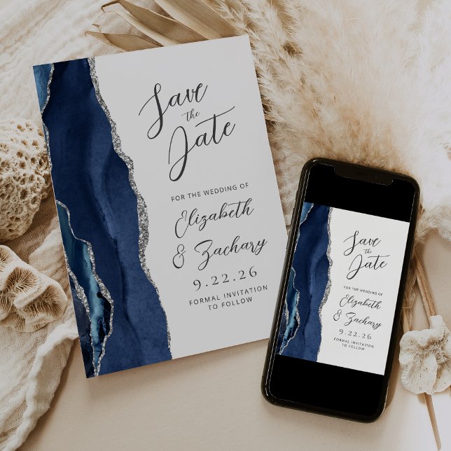 Agate Navy Blue Silver Modern Script Wedding Save The Date (Von Creator hochgeladen)