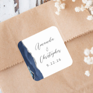 Agate Navy Blue Silver Script Wedding Quadratischer Aufkleber