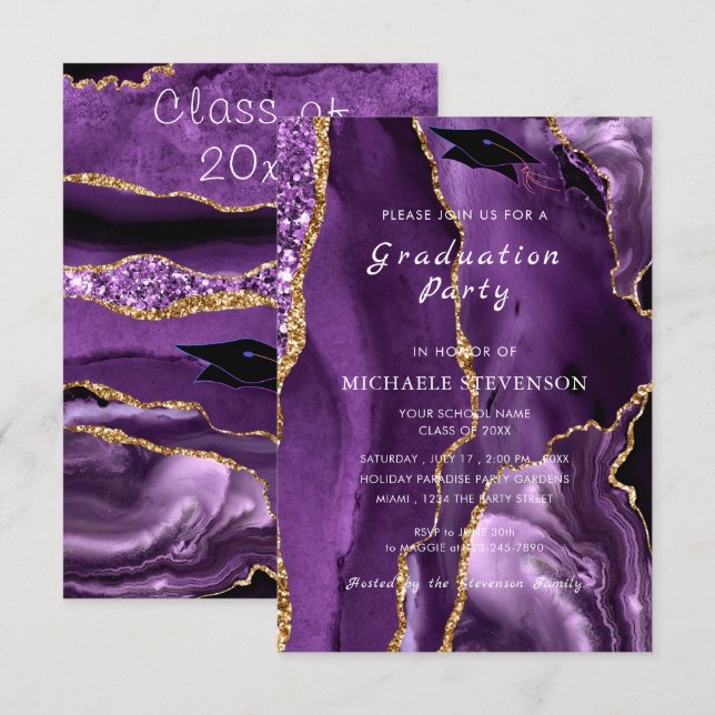 Agate Purple Gold Marble Invitation de graduation (Devant / Derrière)