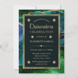 Agate Quinceanera, aquamariner, grüner und goldene Einladung