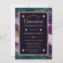 Agate Quinceanera, aquamariner, Lila und Gold Glit Einladung