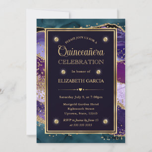 Agate Quinceanera, aquamariner, Lila und Gold Glit Einladung