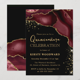 Agate Quinceanera, Glitzer von Burgund Rot und Gol Einladung