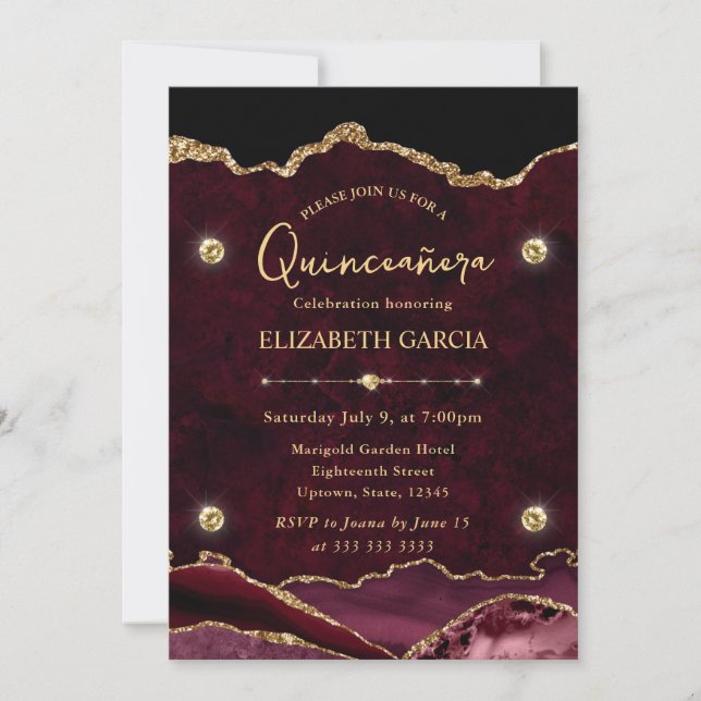 Agate Quinceanera, Glitzer von Rot und Gold Einladung (Vorderseite)