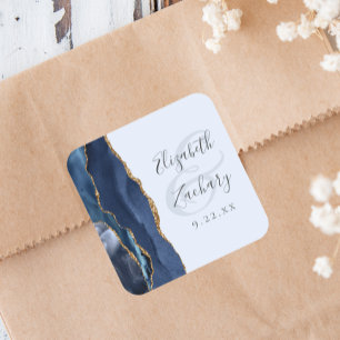 Agate Schrift Navy Hellblau Gold Hochzeit Quadratischer Aufkleber