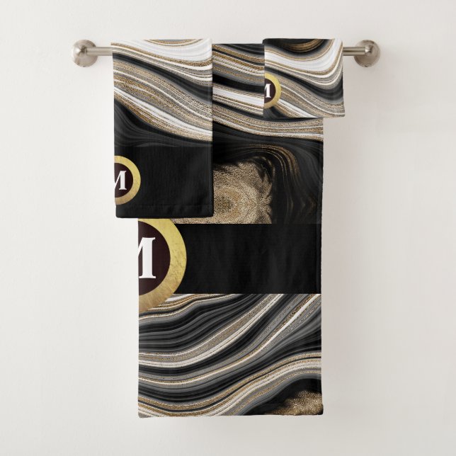 Agate Schwarz-weißes Goldmonogramm Bath Handtuch S Badhandtuch Set (Insitu)