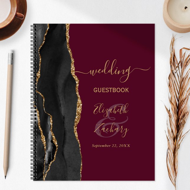 Agate Script Black Gold Burgundy Wedding Guest Notizbuch (Von Creator hochgeladen)