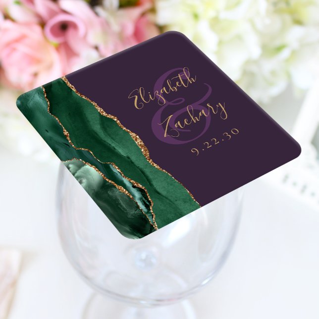 Agate Script Emerald Green Gold Lila Hochzeit Rechteckiger Pappuntersetzer (Von Creator hochgeladen)