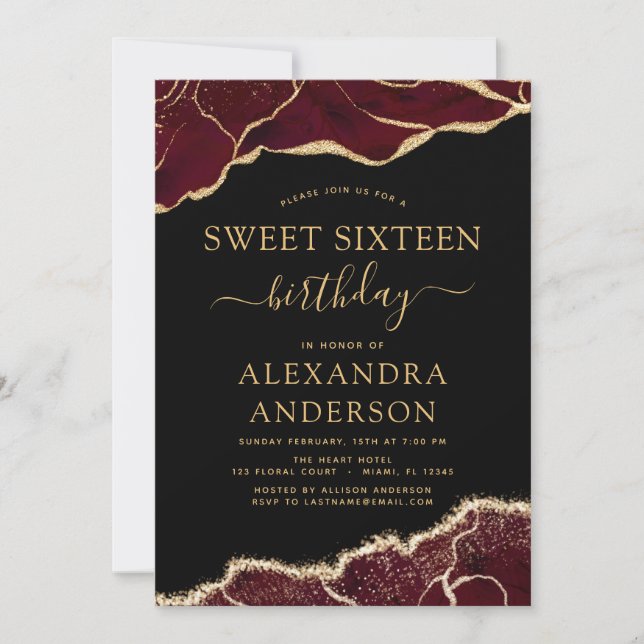 Agate Sweet 16 Birthday Burgundy Gold Einladung (Vorderseite)