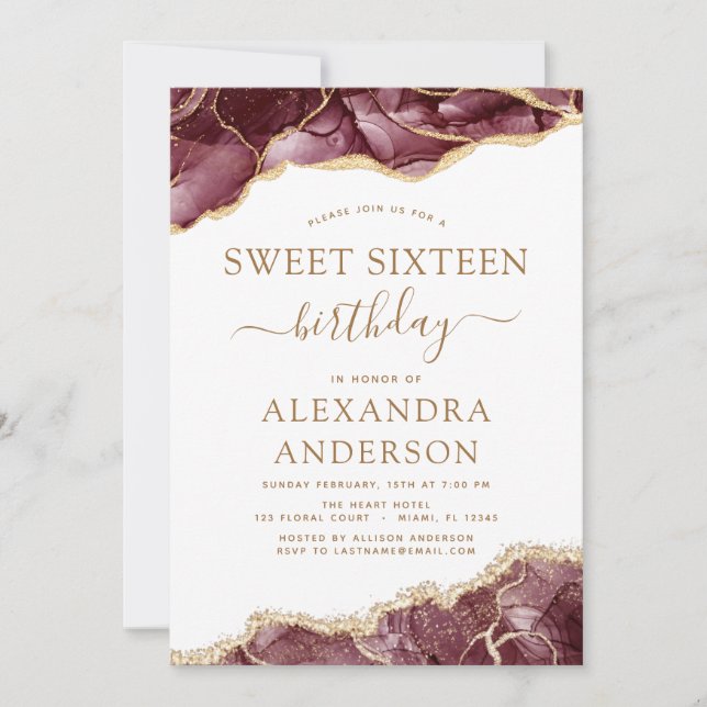 Agate Sweet 16 Birthday Burgundy Gold Einladung (Vorderseite)