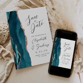 Agate Teal Rose Gold Modern Script Wedding Save The Date