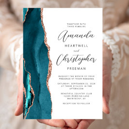 Agate Teal Rose Gold Script Wedding Einladung