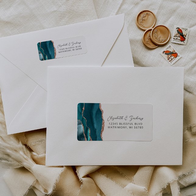 Agate Teal Rose Gold Wedding Return Address (Von Creator hochgeladen)