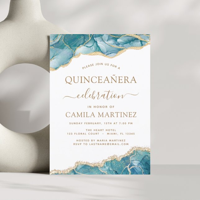 Agate Turquoise Quinceañera Aquamarin Gold Blue Ei Einladung (Von Creator hochgeladen)