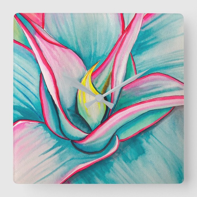 Agave Aquarellkunst Quadratische Wanduhr (Vorderseite)