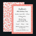 Age 40 Random Number Pattern Coral/White 40th Einladung<br><div class="desc">Milestone number 40: Send personalized coral and white birthday party invitations to celebrate the over-the-hill 40th birthday of someone special. The 40th party theme on the back is a number pattern with the coral milestone number 40 scattered in a random pattern, in varied sizes and angles, over a white background....</div>
