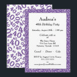Age 40 Random Number Pattern Purple/White 40th Einladung<br><div class="desc">Milestone number 40: Send personalized purple and white birthday party invitations to celebrate the over-the-hill 40th birthday of someone special. The 40th party theme on the back is a number pattern with the purple milestone number 40 scattered in a random pattern, in varied sizes and angles, over a white background....</div>