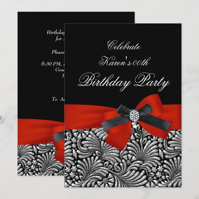 Age Birthday Party Red Damask Black hinzufügen Einladung (Vorne/Hinten)