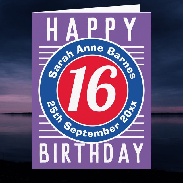 Âge, nom et date sur une carte d'anniversaire 16e (Créateur téléchargé)