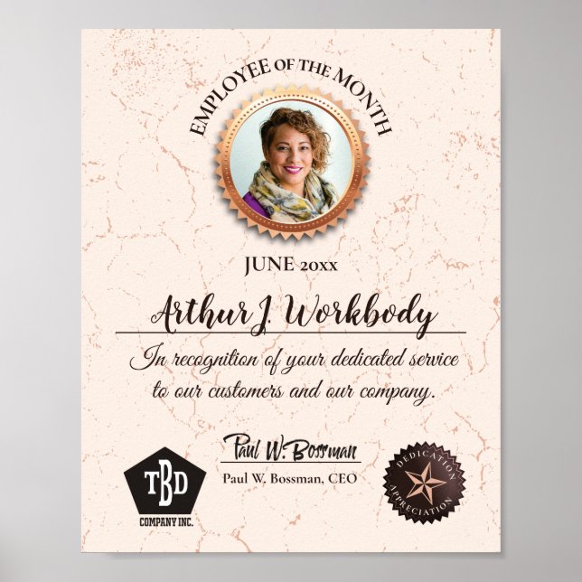 Aged stone employee photo recognition certificate poster (Vorne)