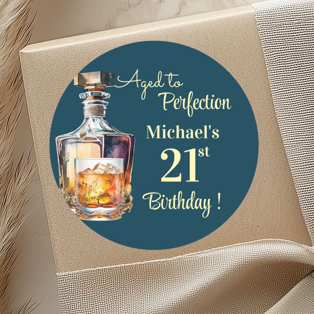 Aged to Perfection Men 21st Whiskey Birthday Runder Aufkleber (Von Creator hochgeladen)