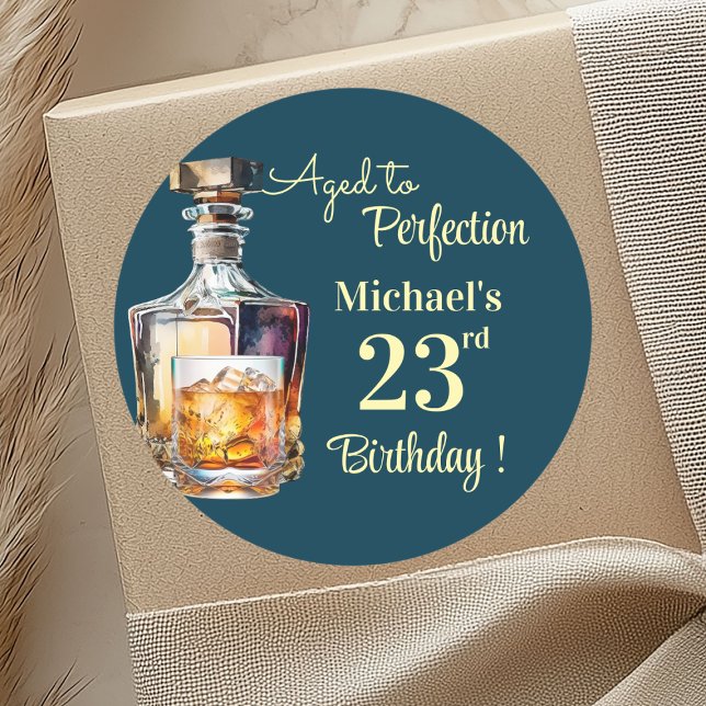 Aged to Perfection Men 23rd Whiskey Birthday Runder Aufkleber (Von Creator hochgeladen)