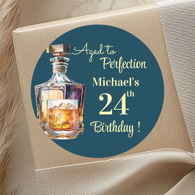 Aged to Perfection Men 24th Whiskey Birthday Runder Aufkleber (Von Creator hochgeladen)